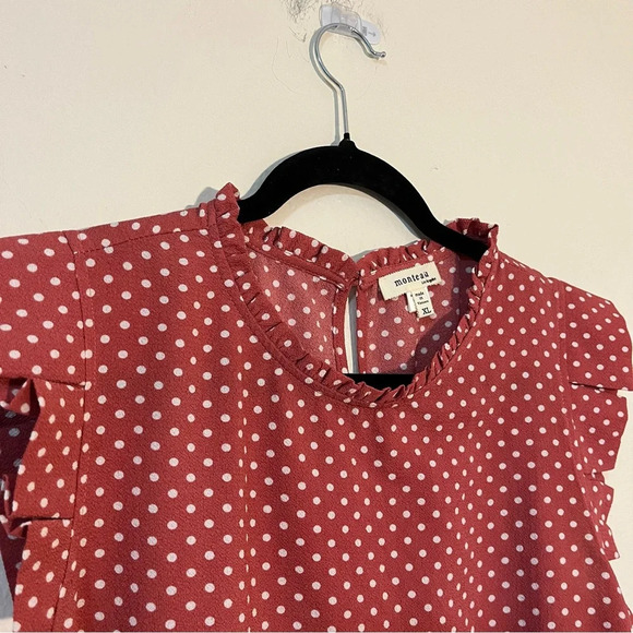 Monteau Red/rust Polka Dot Blouse Women's Size XLarge Segmented Sleeves flowy - Picture 2 of 6